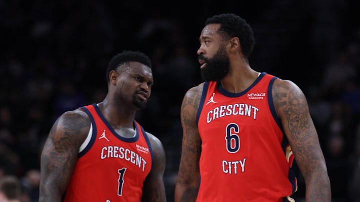 Feb 26, 2026; Salt Lake City, Utah, USA; New Orleans Pelicans forward Zion Williamson (1) and center DeAndre Jordan (6) speak after a play against the Utah Jazz during the second half at Delta Center. Mandatory Credit: Rob Gray-Imagn Images