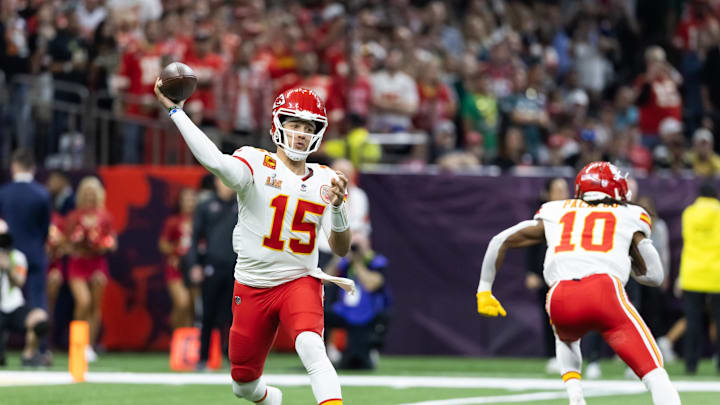 Feb 9, 2025; New Orleans, LA, USA;  Kansas City Chiefs quarterback Patrick Mahomes (15) against the Philadelphia Eagles in Super Bowl LIX at Ceasars Superdome. Mandatory Credit: Mark J. Rebilas-Imagn Images