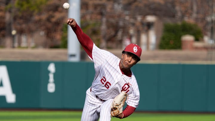 Oklahoma's Kyson Witherspoon (26) throws a pitch during the college baseball game between the University of Oklahoma Sooners and Lehigh at L. Dale Mitchell Park in Norman, Okla., Friday, Feb., 14, 2025. Oklahoma's Kyson Witherspoon (26) throws a pitch during the college baseball game between the University of Oklahoma Sooners and Lehigh at L. Dale Mitchell Park in Norman, Okla., Friday, Feb., 14, 2025.
