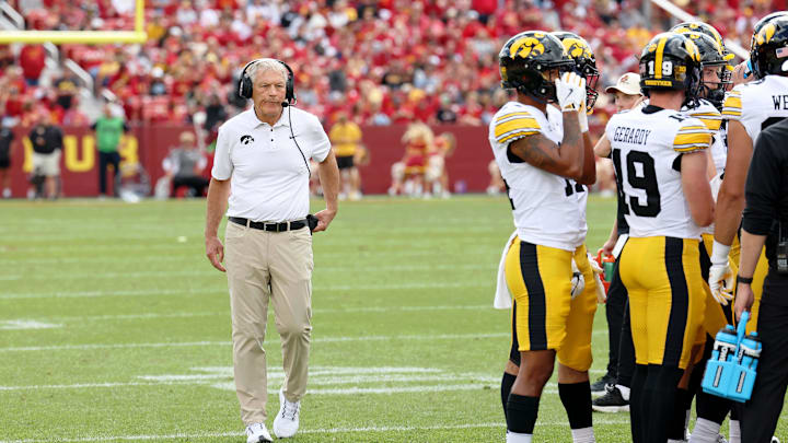 Sep 6, 2025; Ames, Iowa, USA; Iowa Hawkeyes head coach Kirk Ferentz reacts during a timeout during the second half at Jack Trice Stadium. Mandatory Credit: Reese Strickland-Imagn Images