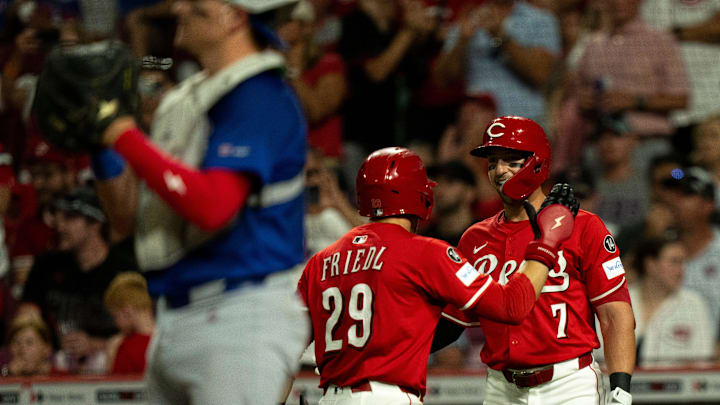 Cincinnati Reds center fielder TJ Friedl (29) reacts with Cincinnati Reds first baseman Spencer Steer (7) after hitting a solo home run in the seventh inning between Cincinnati Reds and Chicago Cubs at Great American Ball Park in Cincinnati on Sept. 20, 2025.