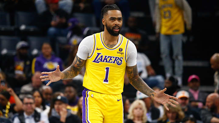 Mar 27, 2024; Memphis, Tennessee, USA; Los Angeles Lakers guard D'Angelo Russell (1) reacts during the first half against the Memphis Grizzlies at FedExForum. Mandatory Credit: Petre Thomas-USA TODAY Sports