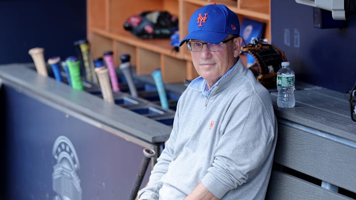 May 17, 2025; Bronx, New York, USA; New York Mets owner Steve Cohen sits in the dugout after batting practice before a game against the New York Yankees at Yankee Stadium. Mandatory Credit: Brad Penner-Imagn Images