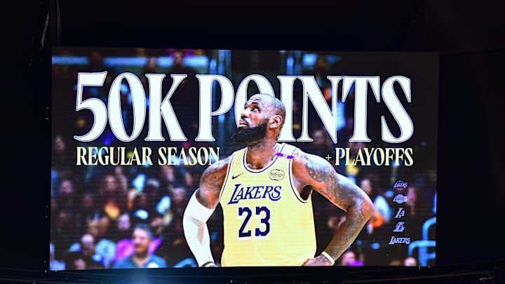 Mar 4, 2025; Los Angeles, California, USA; Video board displaying 50,000 career point milestone for Los Angeles Lakers forward LeBron James (23) after scoring a three point basket against the against the New Orleans Pelicans during the first half at Crypto.com Arena. Mandatory Credit: Gary A. Vasquez-Imagn Images Mar 4, 2025; Los Angeles, California, USA; Video board displaying 50,000 career point milestone for Los Angeles Lakers forward LeBron James (23) after scoring a three point basket against the against the New Orleans Pelicans during the first half at Crypto.com Arena. Mandatory Credit: Gary A. Vasquez-Imagn Images
