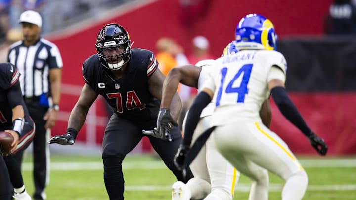 Nov 26, 2023; Glendale, Arizona, USA; Arizona Cardinals offensive lineman D.J. Humphries (74) against the Los Angeles Rams at State Farm Stadium. Mandatory Credit: Mark J. Rebilas-Imagn Images