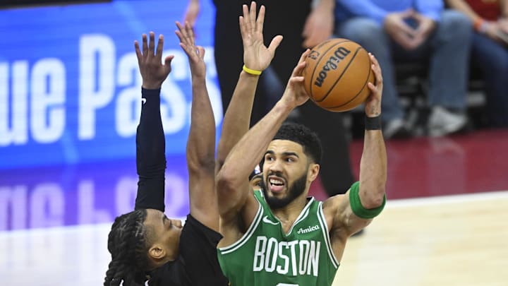 Feb 4, 2025; Cleveland, Ohio, USA; Cleveland Cavaliers guard Darius Garland (10) defends Boston Celtics forward Jayson Tatum (0) in the fourth quarter at Rocket Mortgage FieldHouse. Mandatory Credit: David Richard-Imagn Images Feb 4, 2025; Cleveland, Ohio, USA; Cleveland Cavaliers guard Darius Garland (10) defends Boston Celtics forward Jayson Tatum (0) in the fourth quarter at Rocket Mortgage FieldHouse. Mandatory Credit: David Richard-Imagn Images
