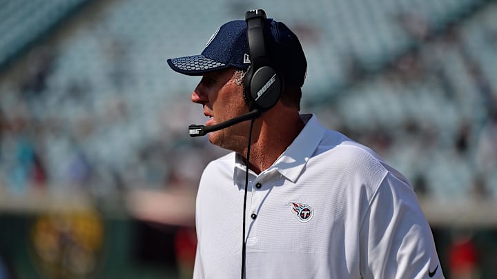 Sep 17, 2017; Jacksonville, FL, USA; Tennessee Titans head coach Mike Mularkey looks on from the sideline in the game against the Jacksonville Jaguars during the second half at EverBank Field. Mandatory Credit: Jasen Vinlove-Imagn Images