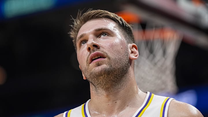 Nov. 8, 2025; Atlanta, Georgia, USA; Los Angeles Lakers guard Luka Doncic (77) reacts after a call during the game against the Atlanta Hawks during the first half at State Farm Arena.