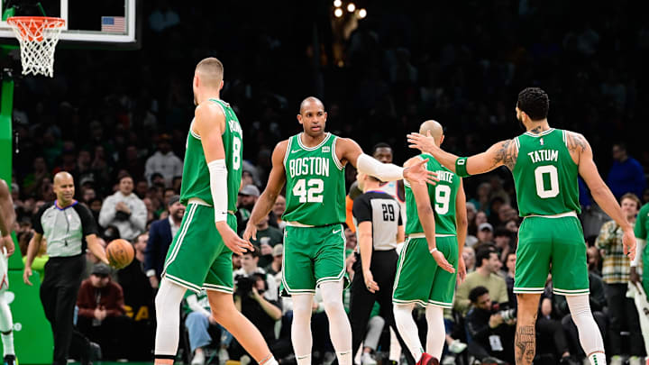 Dec 8, 2023; Boston, Massachusetts, USA;  Boston Celtics center Al Horford (42) reacts to game