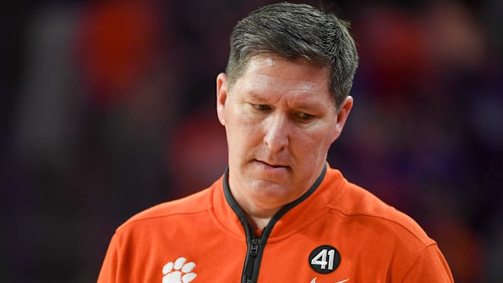 Clemson Tigers head coach Brad Brownell looks to the floor Wednesday, Feb. 11, 2026, during the NCAA men’s basketball game against the Virginia Tech Hokies at Littlejohn Coliseum in Clemson, South Carolina. Virginia Tech Hokies 76-66.