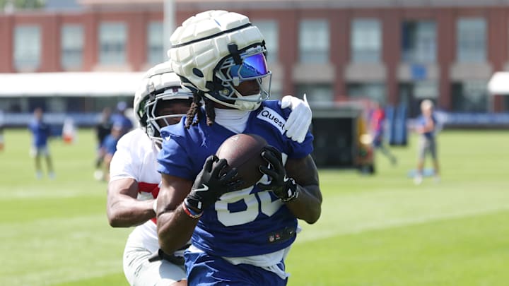 Jul 24, 2025; East Rutherford, NJ, USA; New York Giants wide receiver Bryce Ford-Wheaton (88) catches the ball during training camp at Quest Diagnostics Training Center. Mandatory Credit: Vincent Carchietta-Imagn Images