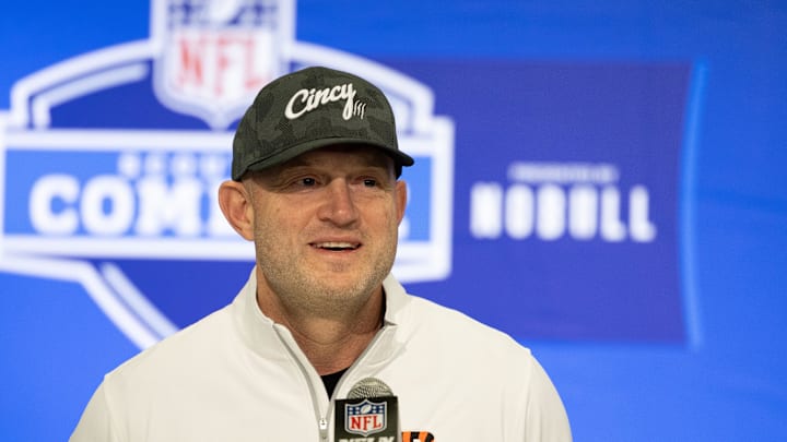 Feb 27, 2024; Indianapolis, IN, USA; Cincinnati Bengals director of player personnel Duke Tobin talks to the media at the 2024 NFL Combine at Indiana Convention Center. Mandatory Credit: Trevor Ruszkowski-Imagn Images