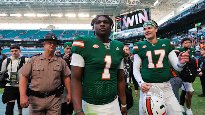 Nov 23, 2024; Miami Gardens, Florida, USA; Miami Hurricanes quarterback Cam Ward (1) looks on from the field after the game against the Wake Forest Demon Deacons at Hard Rock Stadium. Mandatory Credit: Sam Navarro-Imagn Images
