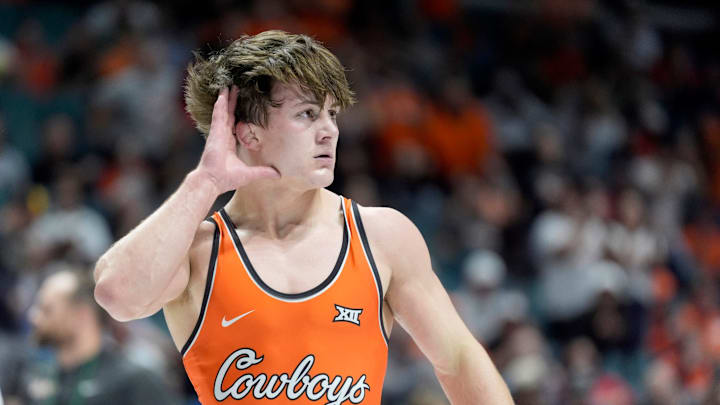 Oklahoma State's Landon Robideau celebrates after winning his match against NC State's Jackson Arrington at 157 pounds during the National Duals Invitational at the BOK Center in Tulsa, Okla, Saturday, Nov. 15, 2025.