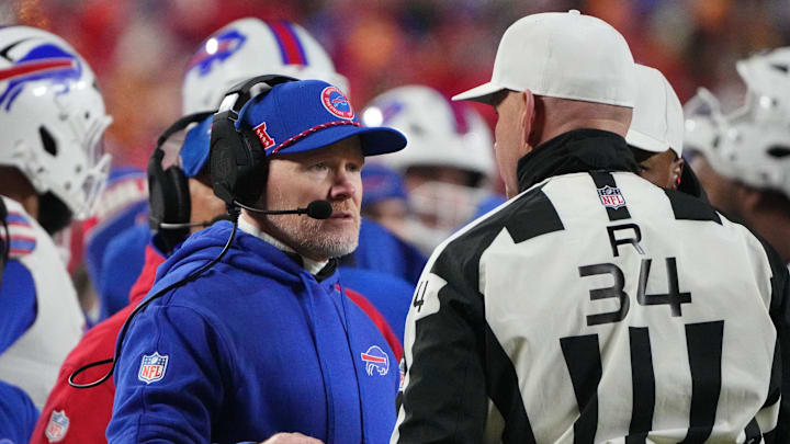 Jan 26, 2025; Kansas City, MO, USA; Buffalo Bills head coach Sean McDermott reacts during the first half in the AFC Championship game at GEHA Field at Arrowhead Stadium