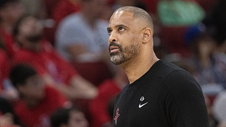 Apr 4, 2024; Houston, Texas, USA; Houston Rockets head coach Ime Udoka coaches against the Golden State Warriors in the second half at Toyota Center. Mandatory Credit: Thomas Shea-Imagn Images