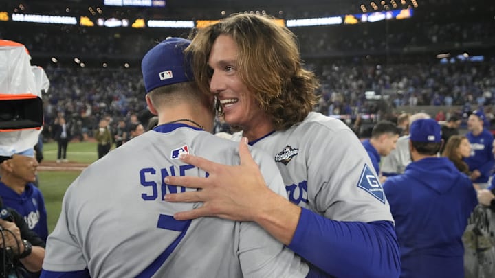 Los Angeles Dodgers pitcher Blake Snell (7) and pitcher Tyler Glasnow (31) Los Angeles Dodgers pitcher Blake Snell (7) and pitcher Tyler Glasnow (31)