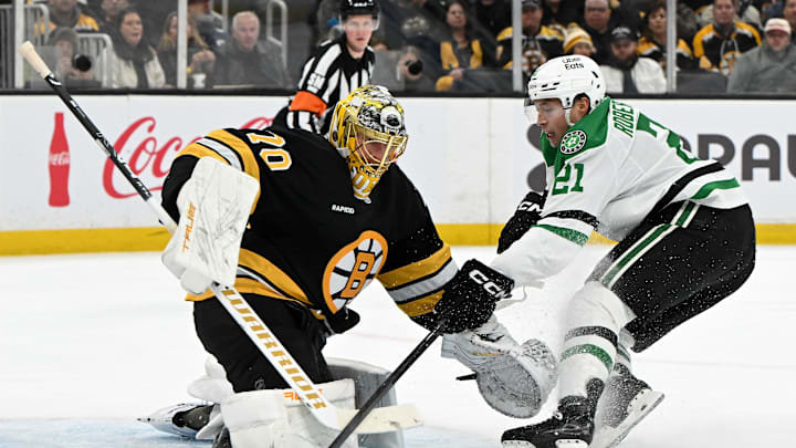 Mar 31, 2026; Boston, Massachusetts, USA; Boston Bruins goaltender Joonas Korpisalo (70) makes a save on a shot by Dallas Stars left wing Jason Robertson (21) during the second period at the TD Garden. Mandatory Credit: Brian Fluharty-Imagn Images Mar 31, 2026; Boston, Massachusetts, USA; Boston Bruins goaltender Joonas Korpisalo (70) makes a save on a shot by Dallas Stars left wing Jason Robertson (21) during the second period at the TD Garden. Mandatory Credit: Brian Fluharty-Imagn Images