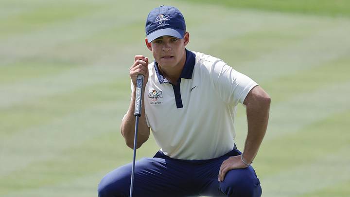 Mar 8, 2025; Orlando, Florida, USA; Jackson Koivun lines up a putt on the second green during the third round of the Arnold Palmer Invitational golf tournament at Bay Hill. Mandatory Credit: Reinhold Matay-Imagn Images