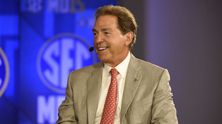 Jul 15, 2015; Birmingham, AL, USA; Alabama Crimson Tide head coach Nick Saban speaks to ESPN during SEC media day at the Wynfrey Hotel. Mandatory Credit: Shanna Lockwood-USA TODAY Sports