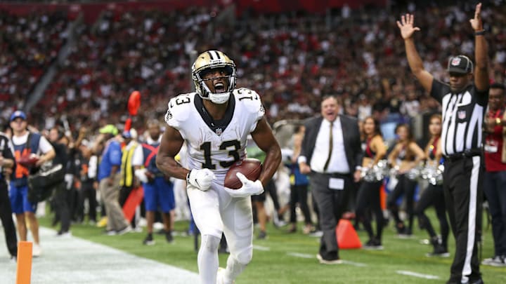 Sep 11, 2022; Atlanta, Georgia, USA; New Orleans Saints wide receiver Michael Thomas (13) celebrates