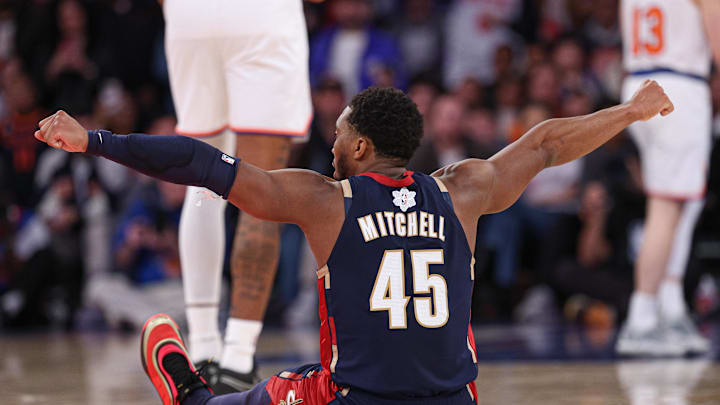 Dec 25, 2025; New York, New York, USA; Cleveland Cavaliers guard Donovan Mitchell (45) reacts after being fouled during the second half against the New York Knicks at Madison Square Garden. Mandatory Credit: Vincent Carchietta-Imagn Images