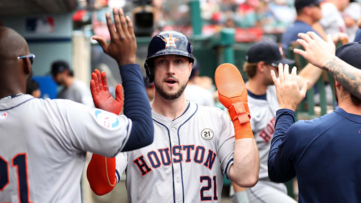 Sep 15, 2024; Anaheim, California, USA; Houston Astros right fielder Kyle Tucker (21) is greeted in the dugout after scoring a run during the fourth inning against the Los Angeles Angels at Angel Stadium. Sep 15, 2024; Anaheim, California, USA; Houston Astros right fielder Kyle Tucker (21) is greeted in the dugout after scoring a run during the fourth inning against the Los Angeles Angels at Angel Stadium.