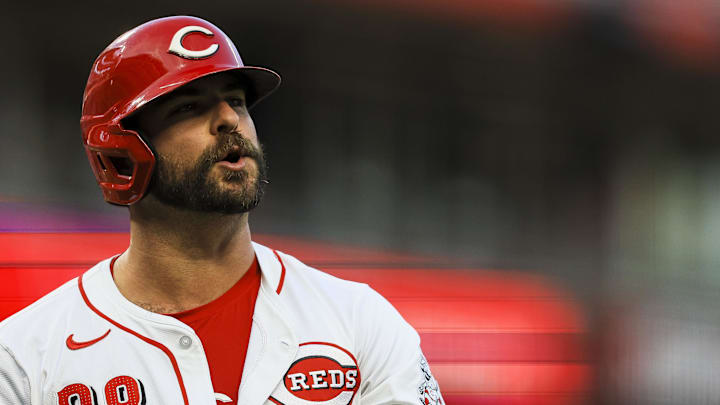 May 21, 2024; Cincinnati, Ohio, USA; Cincinnati Reds designated hitter Mike Ford (38) reacts after striking out in the sixth inning against the San Diego Padres at Great American Ball Park. Mandatory Credit: Katie Stratman-Imagn Images