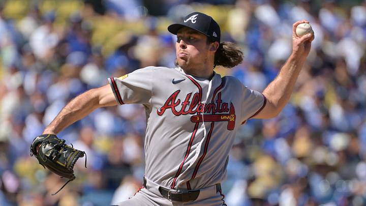 Oct 3, 2026; Los Angeles, California, USA;  Atlanta Braves pitcher Dylan Dodd (46) throws during the first inning of game one of the NLDS against the Atlanta Braves for the 2026 MLB Playoffs at Uniqlo Field at Dodger Stadium.  Mandatory Credit: Jayne Kamin-Oncea-Imagn Images