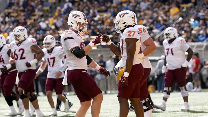 Oct 10, 2026; Berkeley, California, USA; Virginia Tech Hokies running back Marcellous Hawkins Jr. (27) celebrates his touchdown run with teammate Bryce Baker (22) during the second quarter at California Memorial Stadium. Mandatory Credit: D. Ross Cameron-Imagn Images Oct 10, 2026; Berkeley, California, USA; Virginia Tech Hokies running back Marcellous Hawkins Jr. (27) celebrates his touchdown run with teammate Bryce Baker (22) during the second quarter at California Memorial Stadium. Mandatory Credit: D. Ross Cameron-Imagn Images