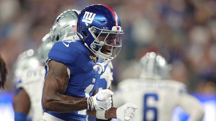 Sep 13, 2026; East Rutherford, New Jersey, USA; New York Giants wide receiver Malik Nabers (1) reacts after a play against the Dallas Cowboys during the third quarter at MetLife Stadium. Sep 13, 2026; East Rutherford, New Jersey, USA; New York Giants wide receiver Malik Nabers (1) reacts after a play against the Dallas Cowboys during the third quarter at MetLife Stadium.