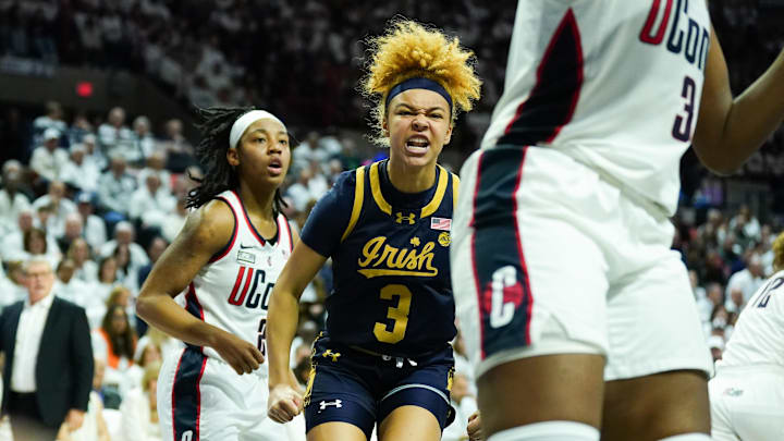  Notre Dame Fighting Irish guard Hannah Hidalgo (3) reacts