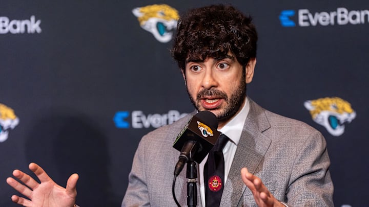 Director of Football Strategy Tony Khan for the Jacksonville Jaguars answered questions during the press conference where they announced James Gladstone as the general manager Monday morning February 24, 2025 at the Miller Electric Center in Jacksonville, Fla. [Doug Engle/Florida Times-Union]2025