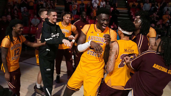ASU Sun Devils center Massamba Diop (35) is introduced before their game against the Georgia State Panthers at Desert Financial Arena on Nov. 17, 2025.