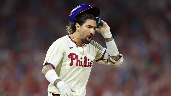 Oct 6, 2024; Philadelphia, Pennsylvania, USA; Philadelphia Phillies outfielder Nick Castellanos (8) reacts after hitting a walk off game winning RBI single against the New York Mets during game two of the NLDS for the 2024 MLB Playoffs at Citizens Bank Park. Mandatory Credit: Bill Streicher-Imagn Images Oct 6, 2024; Philadelphia, Pennsylvania, USA; Philadelphia Phillies outfielder Nick Castellanos (8) reacts after hitting a walk off game winning RBI single against the New York Mets during game two of the NLDS for the 2024 MLB Playoffs at Citizens Bank Park. Mandatory Credit: Bill Streicher-Imagn Images