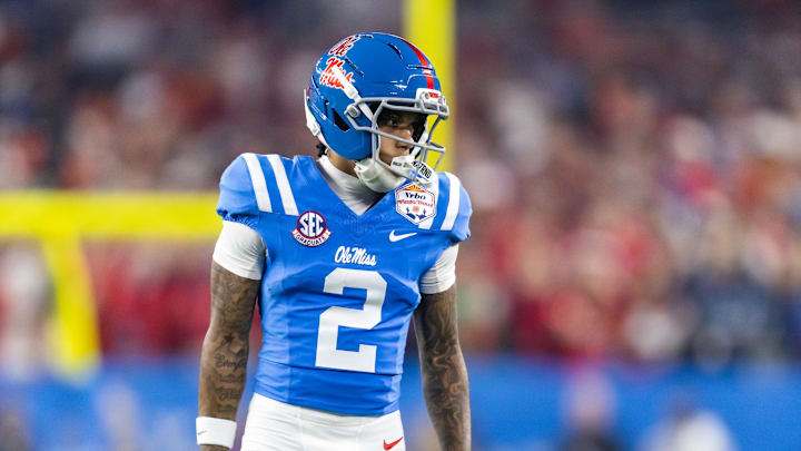 Jan 8, 2026; Glendale, AZ, USA; Mississippi Rebels wide receiver Harrison Wallace III (2) against the Miami Hurricanes during the 2026 Fiesta Bowl and semifinal game of the College Football Playoff at State Farm Stadium. Mandatory Credit: Mark J. Rebilas-Imagn Images