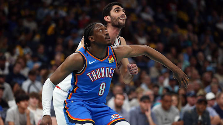 Apr 24, 2025; Memphis, Tennessee, USA; Oklahoma City Thunder forward Jalen Williams (8) and Memphis Grizzlies forward Santi Aldama (7) battle for position during the second quarter during game three for the first round of the 2025 NBA Playoffs at FedExForum. Mandatory Credit: Petre Thomas-Imagn Images