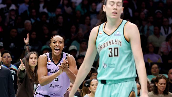 May 21, 2026; Brooklyn, New York, USA; Golden State Valkyries forward Kayla Thornton (5) reacts after a basket against New York Liberty forward Breanna Stewart (30) during the second half at Barclays Center. Mandatory Credit: Tom Horak-Imagn Images May 21, 2026; Brooklyn, New York, USA; Golden State Valkyries forward Kayla Thornton (5) reacts after a basket against New York Liberty forward Breanna Stewart (30) during the second half at Barclays Center. Mandatory Credit: Tom Horak-Imagn Images