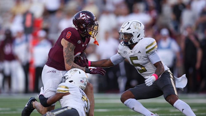 Oct 11, 2025; Atlanta, Ga.; Virginia Tech wide receiver Ayden Greene (0) catches a pass against Georgia Tech.
