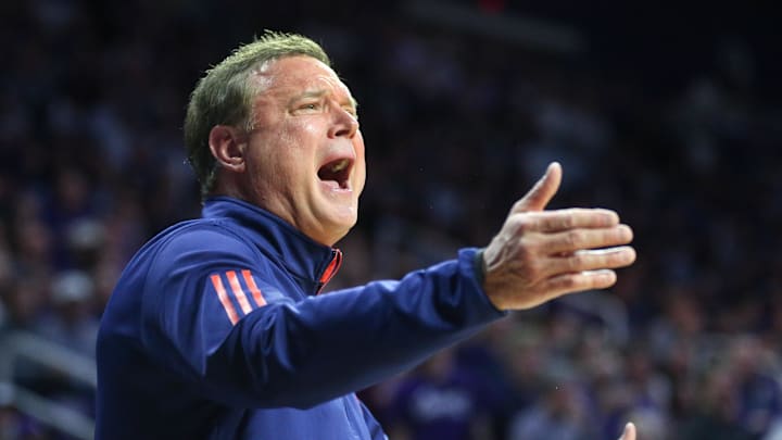 Jan 17, 2023; Manhattan, Kansas, USA; Kansas Jayhawks head coach Bill Self yells at his team during the first half against the Kansas State Wildcats at Bramlage Coliseum. Mandatory Credit: Scott Sewell-Imagn Images