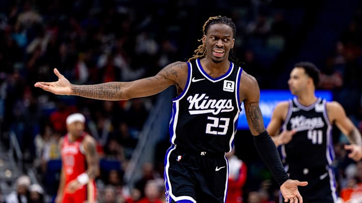 Feb 13, 2025; New Orleans, Louisiana, USA;  Sacramento Kings guard Keon Ellis (23) reacts to a play against the New Orleans Pelicans during the second half at Smoothie King Center. Mandatory Credit: Stephen Lew-Imagn Images