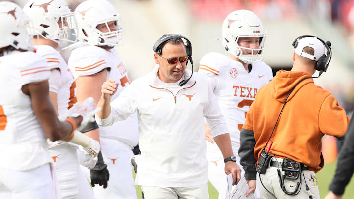 Nov 16, 2024; Fayetteville, Arkansas, USA; Texas Longhorns head coach Steve Sarkisian during the final minute of the game against the Arkansas Razorbacks at Donald W. Reynolds Razorback Stadium. Texas won 20-10. Mandatory Credit: Nelson Chenault-Imagn Images