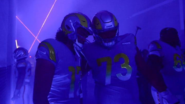 Dec 17, 2023; Inglewood, California, USA; Los Angeles Rams wide receiver Puka Nacua (17) and guard Steve Avila (73) before playing against the Washington Commanders at SoFi Stadium. Mandatory Credit: Gary A. Vasquez-USA TODAY Sports