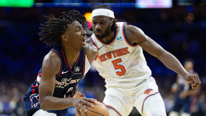 Feb 22, 2024; Philadelphia, Pennsylvania, USA; Philadelphia 76ers guard Tyrese Maxey (0) drives past