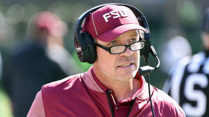 Oct 14, 2017; Durham, NC, USA; Florida State Seminoles head coach Jimbo Fisher during the second half against the Duke Blue Devils at Wallace Wade Stadium. Mandatory Credit: Rob Kinnan-USA TODAY Sports