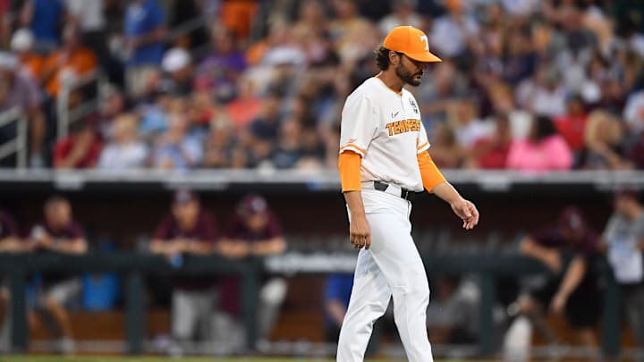 Tennessee head coach Tony Vitello walks on the field during a NCAA College World Series game between Tennessee and Texas A&M at Charles Schwab Field in Omaha, Neb., on Saturday, June 22, 2024.