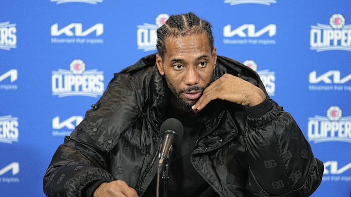 LA Clippers forward Kawhi Leonard (2) addresses the media in a post game press conference following a game against the Toronto Raptors at Scotiabank Arena. 