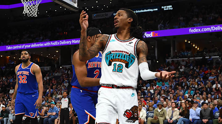 Feb 28, 2025; Memphis, Tennessee, USA; Memphis Grizzlies guard Ja Morant (12) reacts during the third quarter against the New York Knicks at FedExForum. Mandatory Credit: Petre Thomas-Imagn Images