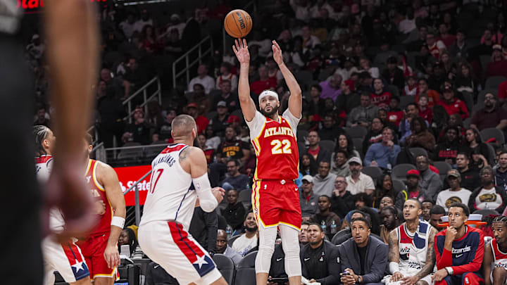 Oct 28, 2024; Atlanta, Georgia, USA; Atlanta Hawks forward Larry Nance Jr. (22) shoots over Washington Wizards center Jonas Valanciunas (17) during the second half at State Farm Arena. Mandatory Credit: Dale Zanine-Imagn Images Oct 28, 2024; Atlanta, Georgia, USA; Atlanta Hawks forward Larry Nance Jr. (22) shoots over Washington Wizards center Jonas Valanciunas (17) during the second half at State Farm Arena. Mandatory Credit: Dale Zanine-Imagn Images