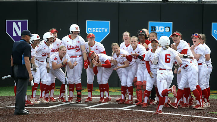 Nebraska’s Billie Andrews (6) is greeted by her teammates after hitting a home run in the Big Ten softball tournament Friday, May 10, 2024 in Iowa City, Iowa. Nebraska’s Billie Andrews (6) is greeted by her teammates after hitting a home run in the Big Ten softball tournament Friday, May 10, 2024 in Iowa City, Iowa.
